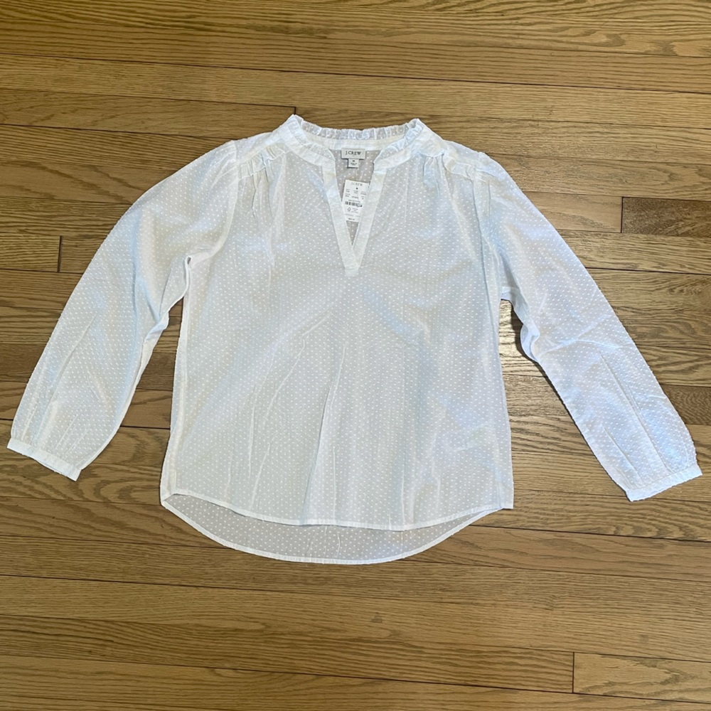 NWT J. CREW Re-Imagined Semi Sheer White Ruffle Trim Popover Clip-Dot Blouse Top